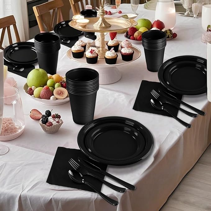 Black Plastic Plates, 25 Guest Disposable Dinnerware Set for New Year, Black Party Supplies, Includes 25 Dinner Plates, 25 Dessert plates, 25 plastic Cutlery, 25 Napkins and 25 12 oz Cups