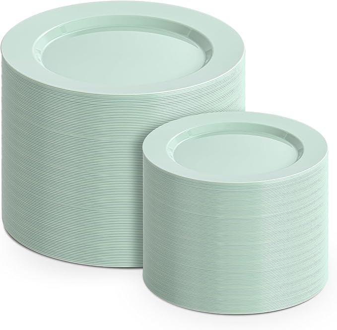 FLOWERCAT 200PCS Sage Green Plastic Plates Disposable Plates for Party - Elegant Plastic Plates - 10" &7" Plate for 100 Guests Spring Parties and Easter & Events