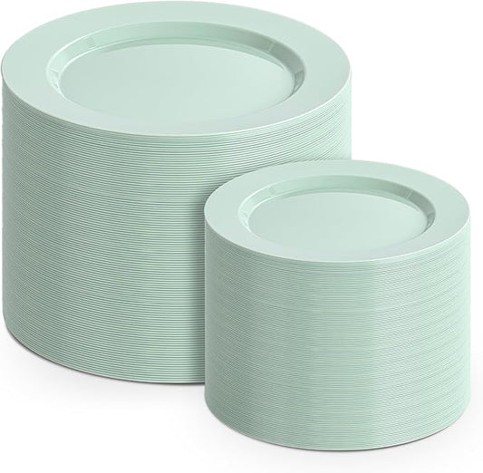FLOWERCAT 200PCS Sage Green Plastic Plates Disposable Plates for Party - Elegant Plastic Plates - 10" &7" Plate for 100 Guests Spring Parties and Easter & Events