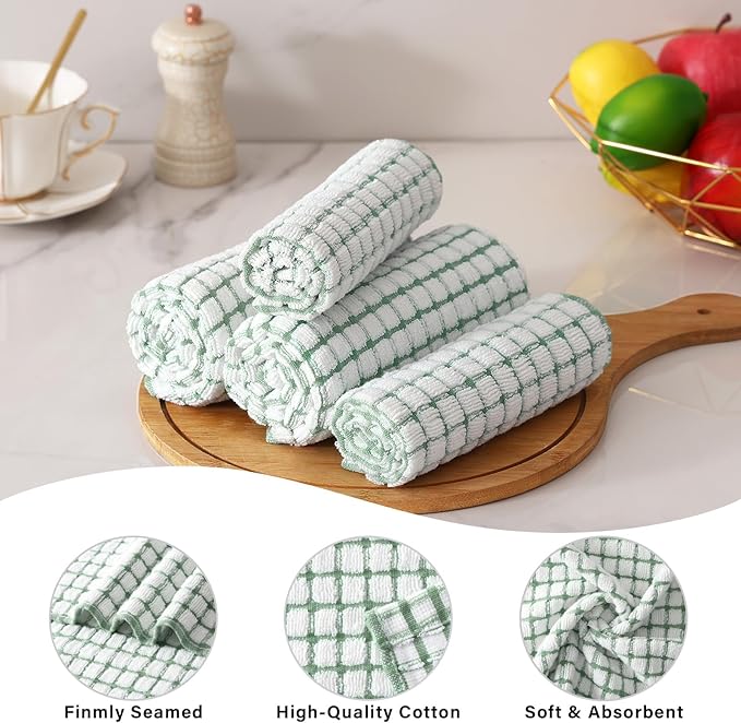 Homaxy Kitchen Towels and Dishcloths Set, 16 x 25 and 12 x 12 Inches, Set of 12 Cotton Terry Kitchen Dish Towels, Super Soft and Absorbent Dish Cloths, Grass Green