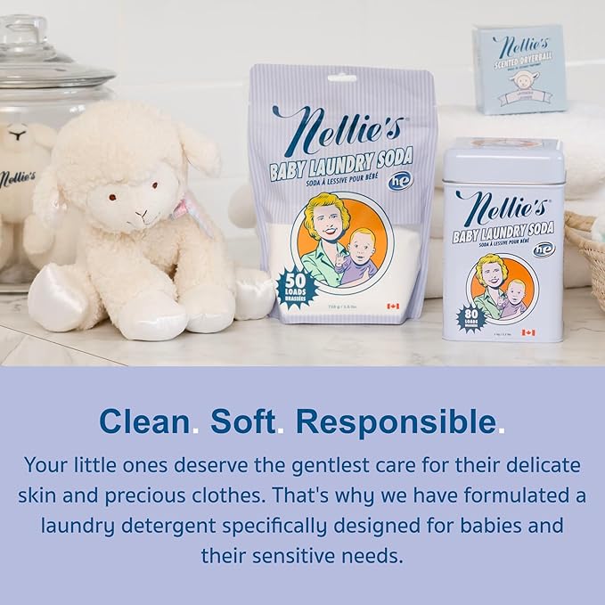 Nellie’s Baby Laundry Soda Tin – 50 Loads – Gentle Powder Detergent for Sensitive Skin – Fragrance-Free & Safe for Infants – (Made in Canada)