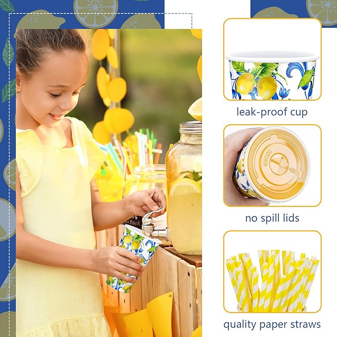 Tessco 150 Pcs 50 Sets Capri Lemon Paper Cups with Lids and Straws 16 oz Blue Tiles Italian Lemon Cold Cups for Amalfi Coast Party Bridal Shower Wedding Supplies