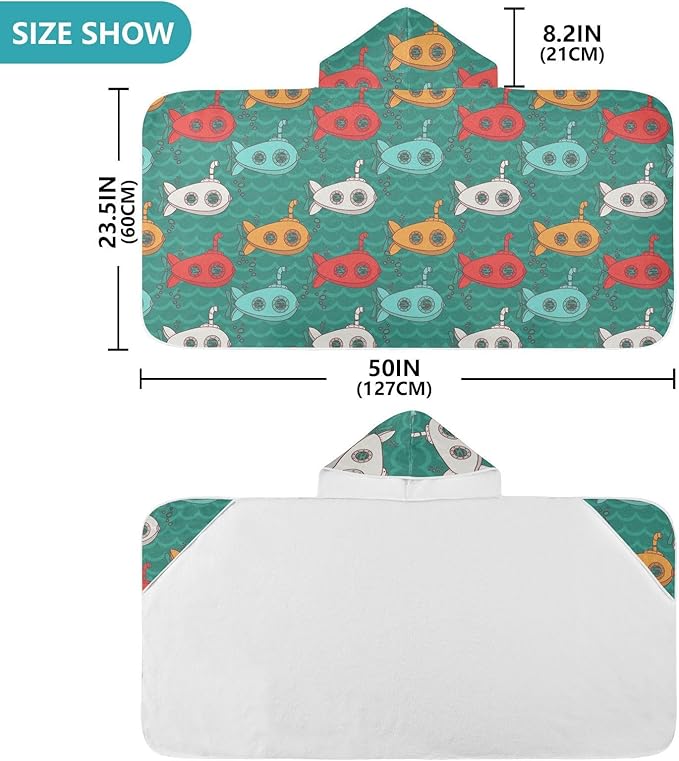 susiyo Kids Hooded Bath Towel Vintage Submarines Beach Towel for Kids 23.5 x 50 Inch Microfiber Soft Absorbent Quick Dry Bath Swim Pool Towel Wrap Poncho Bathrobe with Hood for Kids Toddler