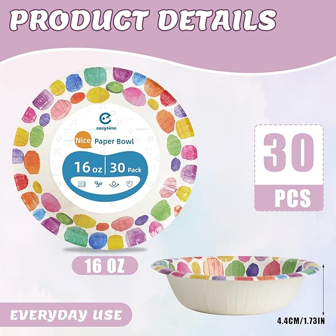 30 Pack Paper Bowls, 16 Oz Disposable Soup Bowl, Heavy Duty Printed Disposable Bowls Bulk For Snacks, Dessert, Breakfast, Lunch And Dinner Meals (Petal Pattern)
