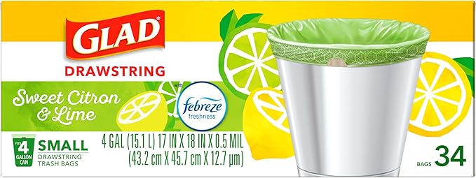 Glad Small Kitchen Drawstring Trash Bags, 4 Gallon, Febreze Sweet Citron & Lime, 34 Count