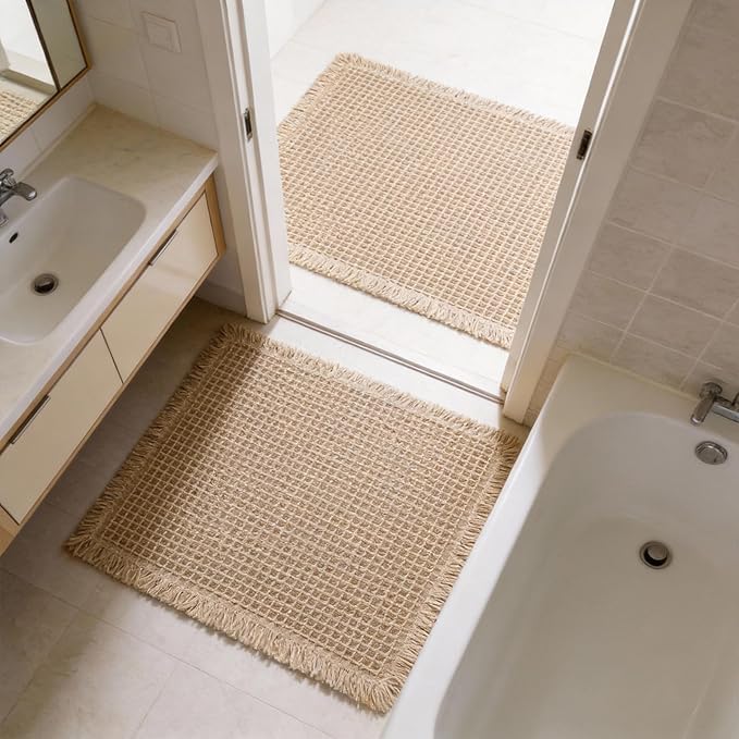 Set of 2 Waffle Bathroom Rugs, Non Slip Absorbent Waffle Knit Bath Mat for Shower Floor, Tub and Bathroom Door, Ultra Soft Quick Dry, Brown, 17"x24"+18"x30"