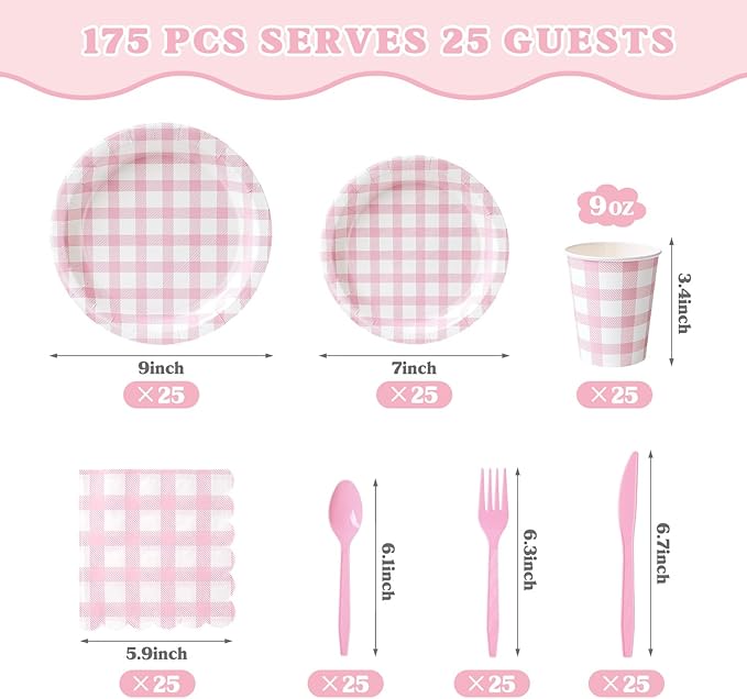 Vyntra 175 Pcs Pink & White Checkered Gingham Paper Plates and Napkins Set for 25, 9" Dinner Plates & 7" Dessert Plate, Baby Girl Shower Bridal Shower Birthday Party, Valentine’s Day