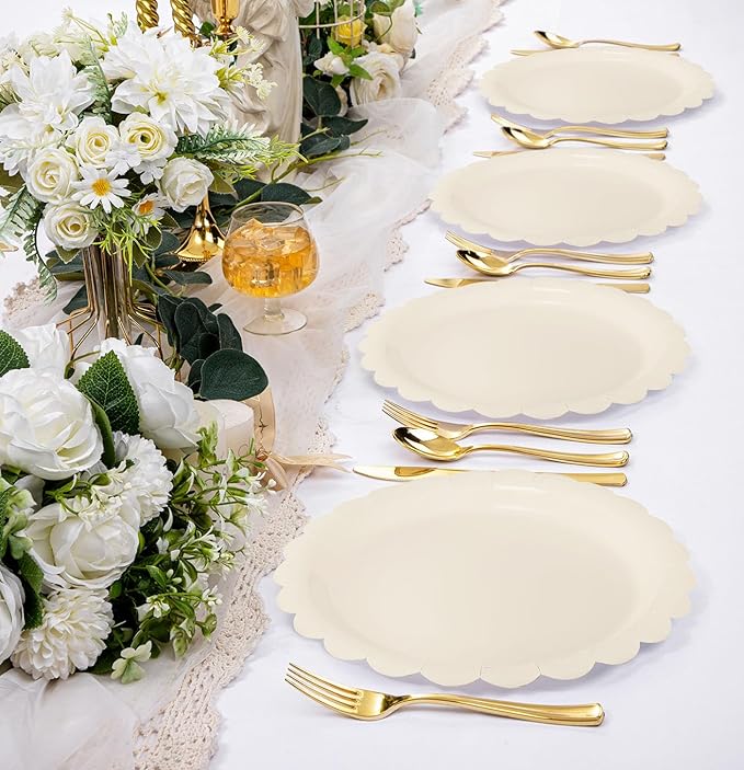 HEIPINIUYE 25 Pcs Ivory Scalloped Paper Plates 9 Inches Disposable Paper Party Plates for Cake Dessert Baby Shower Wedding Birthday Party Supplies