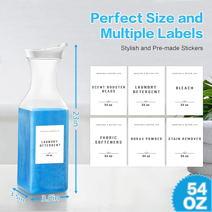 Laundry Detergent Dispenser Bottle 54oz with Waterproof Label for Laundry Detergent Soap Fabric Softener Scent Booster Beads, Sturdy PET Plastic Bottle, 2 Pack White