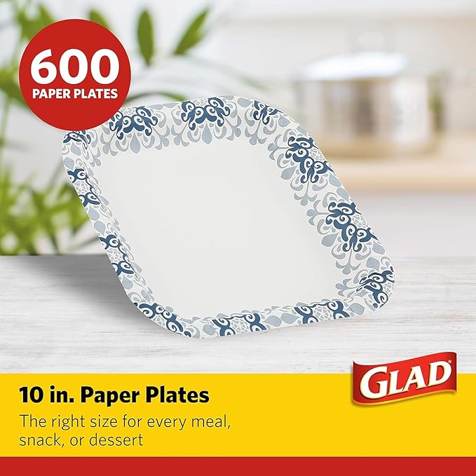 Glad Square Heavy Duty Paper Plates, Soak Proof and Cut Proof Disposable Plates for Parties and Everyday Meals, Microwaveable for Easy Serving, Blue Victorian Pattern, 10 Inch, 50 Count - 12 Pack
