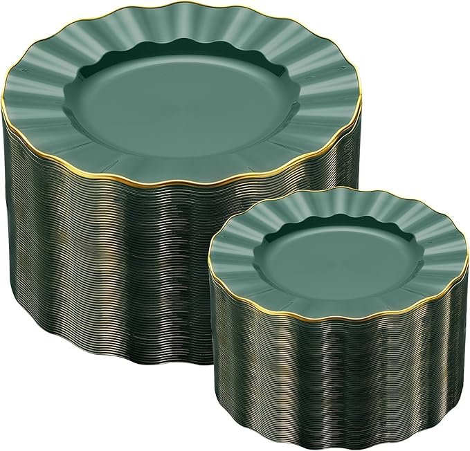 60Pcs Heavy Weight Green Plastic Plates with Gold Trim, Heavy Duty Green Disposable Plate, Elegant Party Plate Sets include 30 Dinner & 30 Dessert Plates for Wedding Party