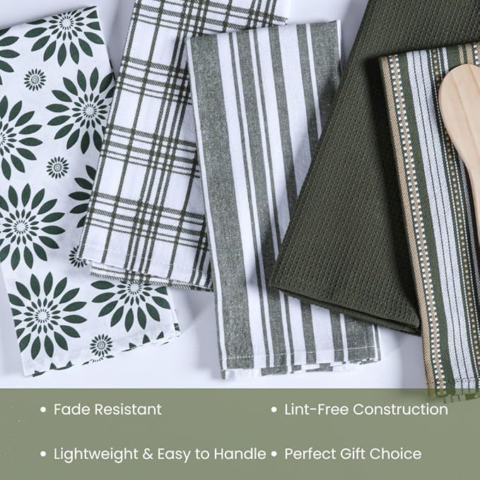 Assorted Kitchen Towels Large 16x26 inch 100% Cotton Set of 5 - Soft Absorbent Washable Tea Towel for Kitchen - Dish Cloths Towel with Hanging Loop - Quick Drying Dish Towels Green
