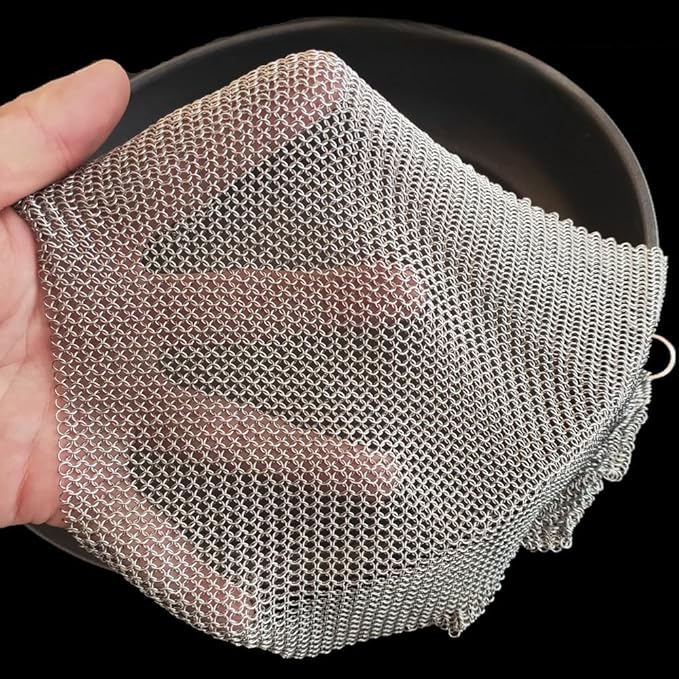 Cast Iron Cleaner & Chainmail Skillet Scrubber - 14''x14'' 3.8mm Small Ring, 316L Stainless Steel Interlocking Mesh Sheet, Flexible Chainmail Panel, Fine Linked Ring Fabric, Woven Ring Net