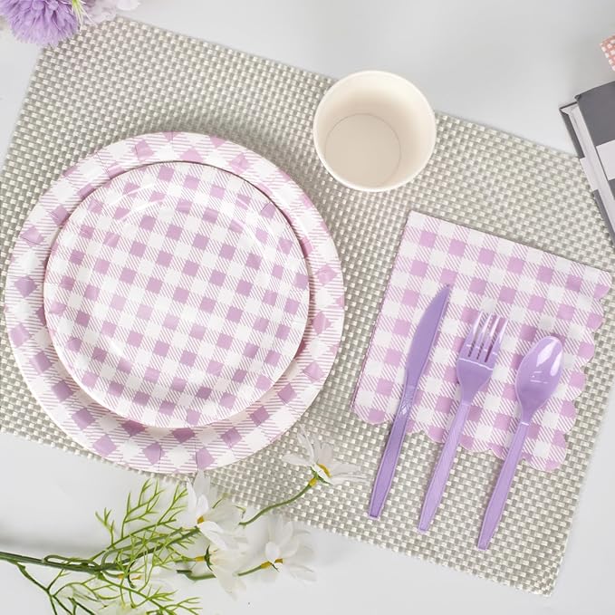 Vyntra Checkered Gingham Paper Plates and Napkins Set for 50" 9" Dinner Plates & 7" Dessert Plate, Birthday Party (Lavender Gingham, 175 Pcs)