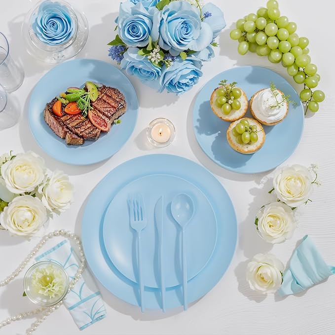 ejonirinjonir EI 150pcs Blue Plastic Plates Disposable Light Blue Baby Shower Plates Heavy Duty Dinnerware Set Plastic Silverware for Party,Wedding,Easter,Spring Afternoon Tea