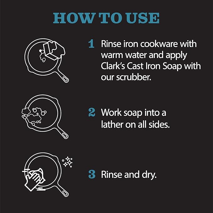 CLARK'S Cast Iron Cleaner 12 oz, Made in USA, Plant Based Coconut Cast Iron Soap for Skillets, Griddles Etc. - Protects, and Restores Cookware