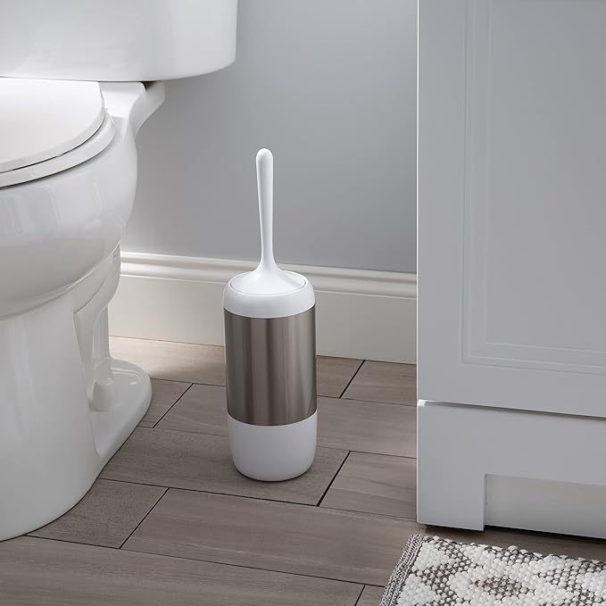 Bath Bliss Smooth Matte Stainless Waste Bin and Toilet Brush | Dimensions: 7.9" x 7.9" x 9.8"- Wastebasket | Dimensions: 4.7"x 4.7"x 16.5"- Toilet Brush| Bathroom Accessories | White