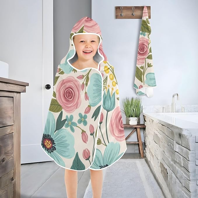 SUABO Kids' Bath Towels Spring Floral Hooded Towels for Boys Girls,Toddler Towels Multi-Purpose for Beach,Pool and Bathroom,23.5" x 50", Soft and Highly Absorbent