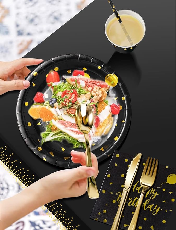 Nkaiso Birthday Party Tableware, 161 Pieces Black Gold Party Supplies, Party Dinnerware Sets Include Paper Plates Napkins Cups Silverware, for Shower Engagement Parties Decoration -20 Serves