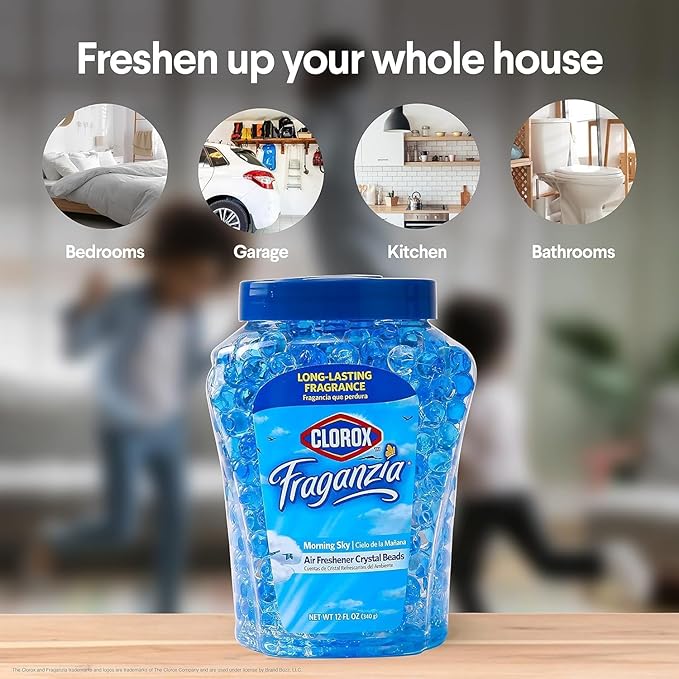 Clorox Fraganzia Crystal Beads Air Freshener, Long Lasting Room Deodorizer and Odor Eliminator Gel Beads to Freshen Home, Car, or Office, Morning Sky Scent, 12 Fl Oz - 2 Pack