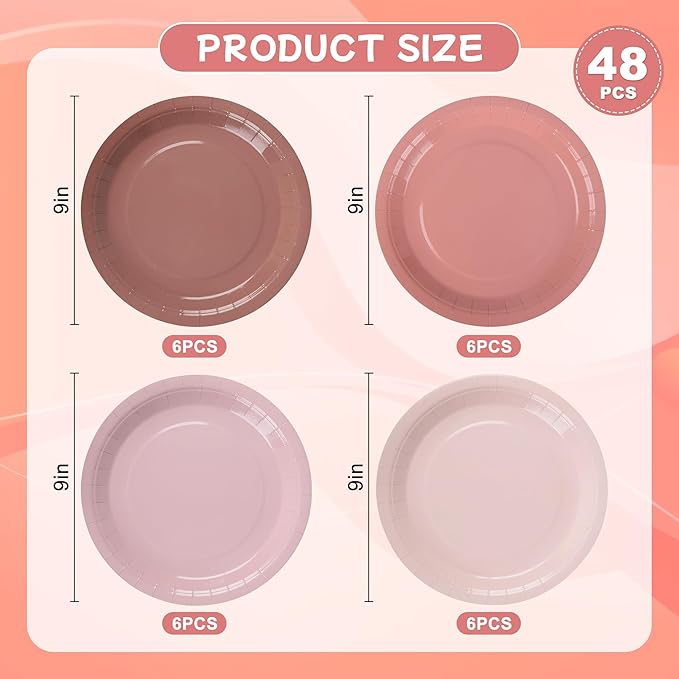 AimFun 48 Pcs Dusty Pink Paper Plates Gradient Pink Party Plates 9 Inch Disposable Birthday Plates Round Dinner Plates for Wedding Baby Bridal Shower Party Supplies Tableware Decor
