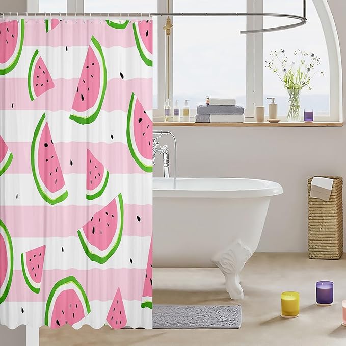 Manfei Kids Watermelon Shower Curtains Kawaii Fruits Print Waterproof Bath Curtains with 12 Hooks Suits for Bathtub, Pink White Stripe Bathroom Curtains for Boys Girls Room Decor, 72" W x 72" L