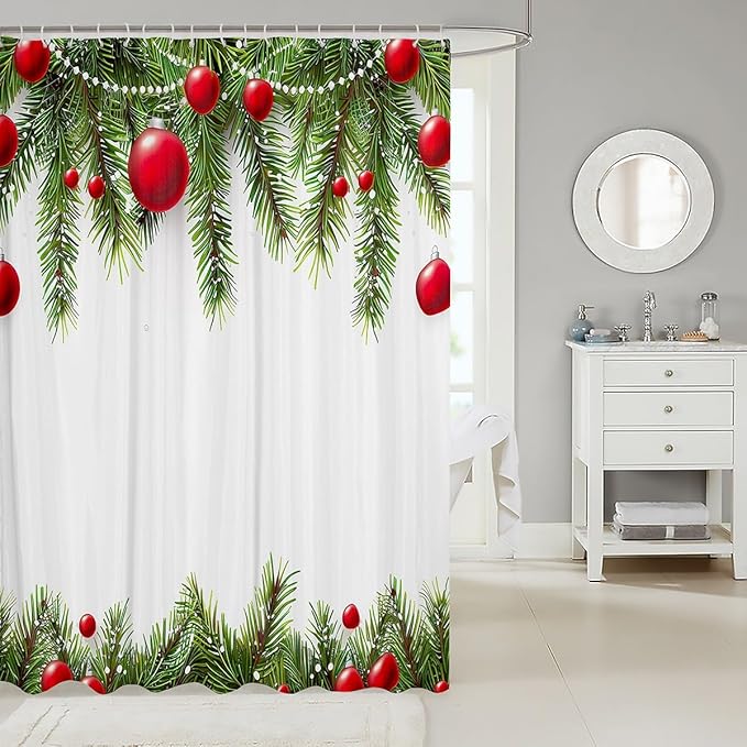 Christmas Theme Bathroom Shower Curtain Set Xmas Shower Curtain for Boys Girls Kids Christmas Ornaments Bath Curtain Pine Tree Twig Red Balls Waterproof Shower Curtain with Hooks Bright 72x78 Inch