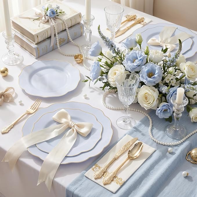 NOCCUR 175PCS Blue Plastic Plates with Gold Disposable Silverware - Include 50 Light Blue and Gold Plastic Plates,25 Knives,25 Forks,25 Spoons,25 Cups and 25 Napkins - Easter Day/Spring Party