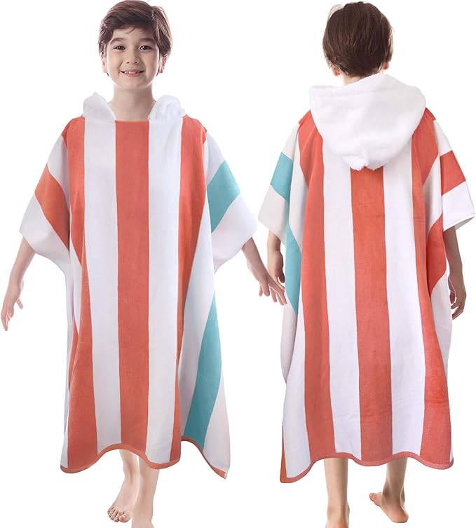VOOVA & MOVAS Hooded Poncho Towel for Teens Unisex 100% Cotton Retro Bold Beach Pool Swim Cover Up Red White Teal Stripe