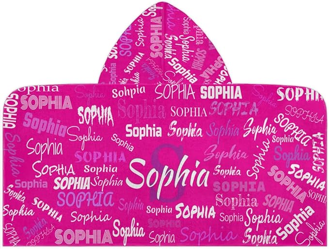 Custom Name Beach Towel for Boys Girls, Kids Babies Personalized Name Hooded Beach Towel Quick-Drying for Beach, Travel, Camping, Seaside, Swimming, Rosy Pink Color Background