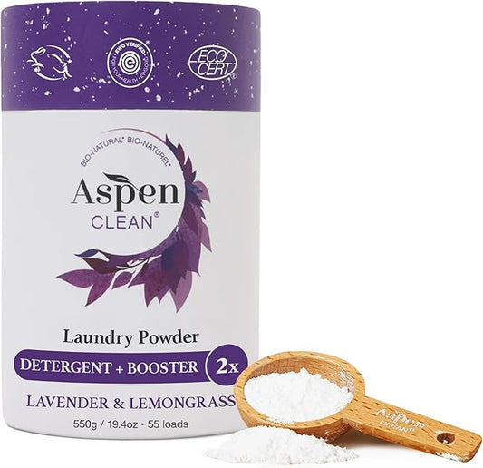 AspenClean | Laundry Powder + Booster 2-in-1 | Lavender | 55 Loads | Hyper Concentrated | Stain & Odor Removal Enzyme Booster | Non - Toxic | 100% Natural | EWG Verified