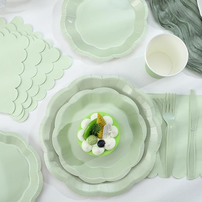 NatNarr 350 Pcs Sage Green Party Paper Plates and Napkins Set Include 9" Dinner Plates & 7" Dessert Plate Disposable Scalloped Tableware Serve 50 Guest for Wedding Baby Shower Bridal Shower Birthday