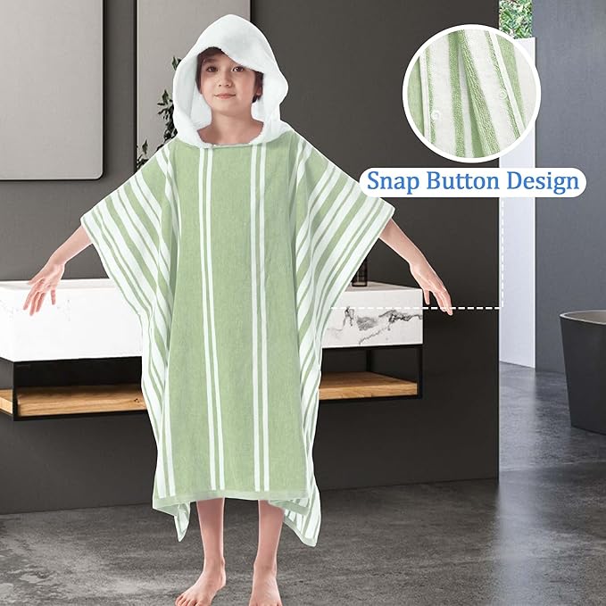 VOOVA & MOVAS Hooded Poncho Towel for Teens Unisex, 100% Cotton Ultra Soft Lightweight Beach Swim Bath Cover Up, Light Green Stripe