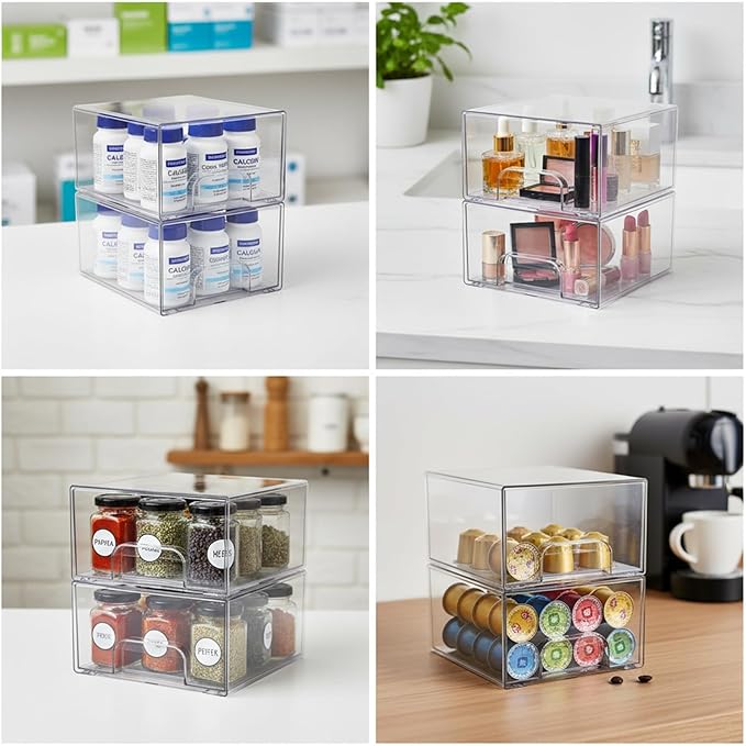2 Pack Laundry Pods Container, Stackable Laundry Room Organization Storage Drawers, Dryer Sheet Container, Detergent Holder with Pull Handle, Bathroom Organization, Clear