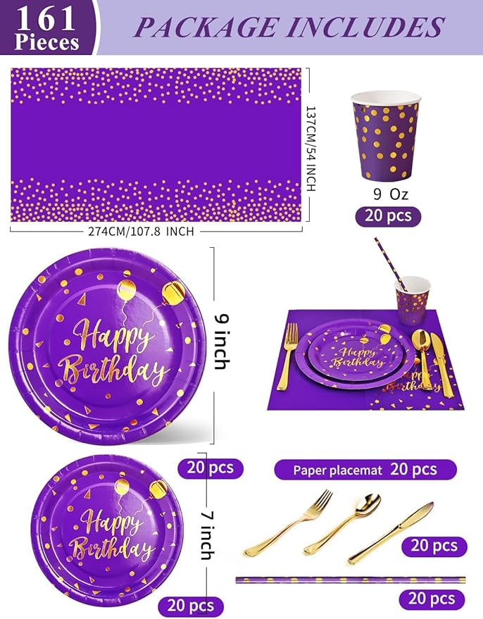 Nkaiso Birthday Party Tableware, 161 Pieces Purple Gold Party Supplies, Dinnerware Sets Include Paper Plates Napkins Cups Silverware, for Shower Engagement Parties Decoration -20 Serves