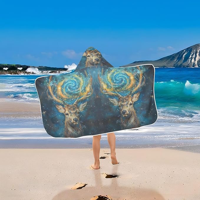 Hooded Towel for Kids Galaxy Deer Oil Painting Beach Wrap Bath Towels 50x23.5in