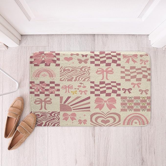 Cartoon Bowknot Kids Bath Mats,Geometric Plaid Love Heart Rainbow Grid Mats Rugs for Girls,Bow Tie Stripe Checkered Bath Carpets,Pink Fashion Bath Rugs,Absorbent Floor Mats,16Wx24L Inches