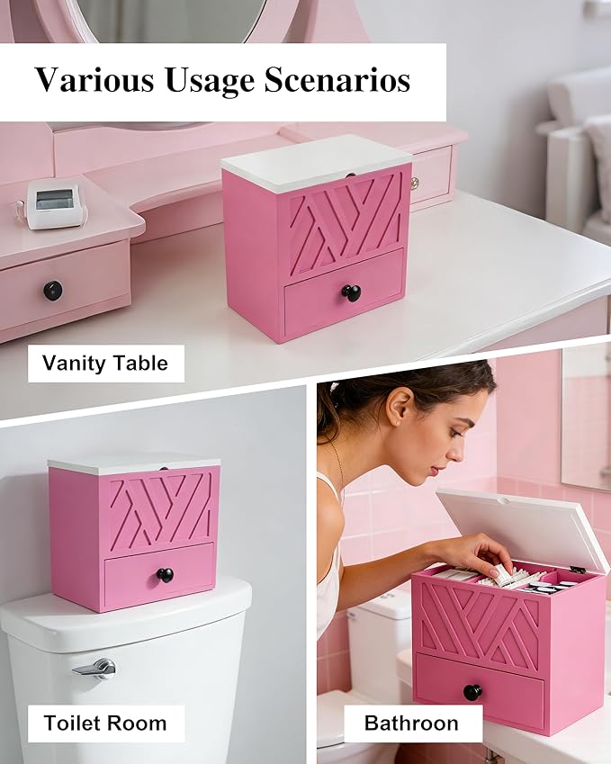 Tampon Holder for Bathroom Decor Feminine Product Organizer With Lid & Drawer Shark Week Box Girl Stuff (1, PINK)