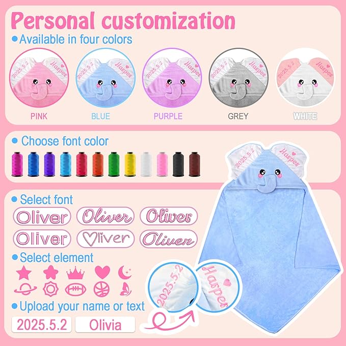 Baosity Custom Hooded Baby Towel with Name, Personalized Soft Absorbent Elephant Bath Towels, Shower Towels for Girls Boys, Easter Brithday Christmas for Baby, Toddler, Newborn Essential