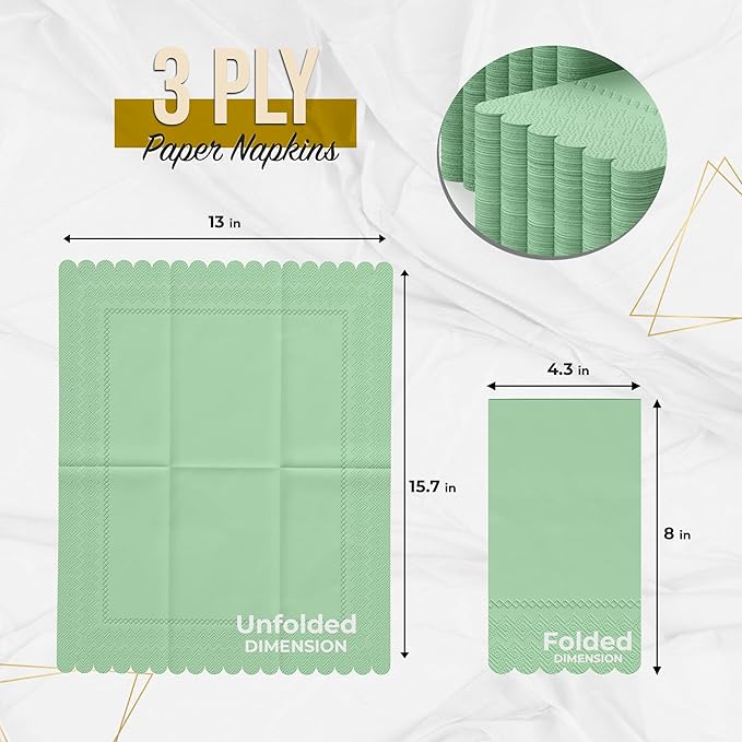 Party Solids Sage Green Scalloped Napkins Disposable 100 Pcs 3-Ply Sage Green Scalloped Dinner Napkins Disposable Decorative for Dinners & Parties, Paper Guest Towels for Bathroom & Party Supplies