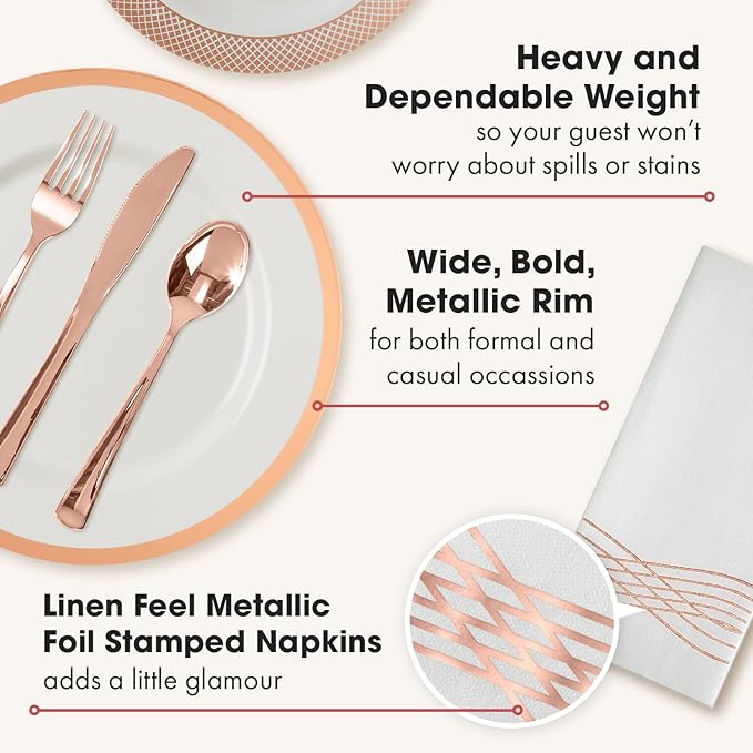 By Madee HEAVYWEIGHT Rose Gold Plates and Napkins Party Supplies | Rose Gold Disposable Dinnerware Set with Heavy Duty Plates, Cutlery & Napkins for 25 Guests