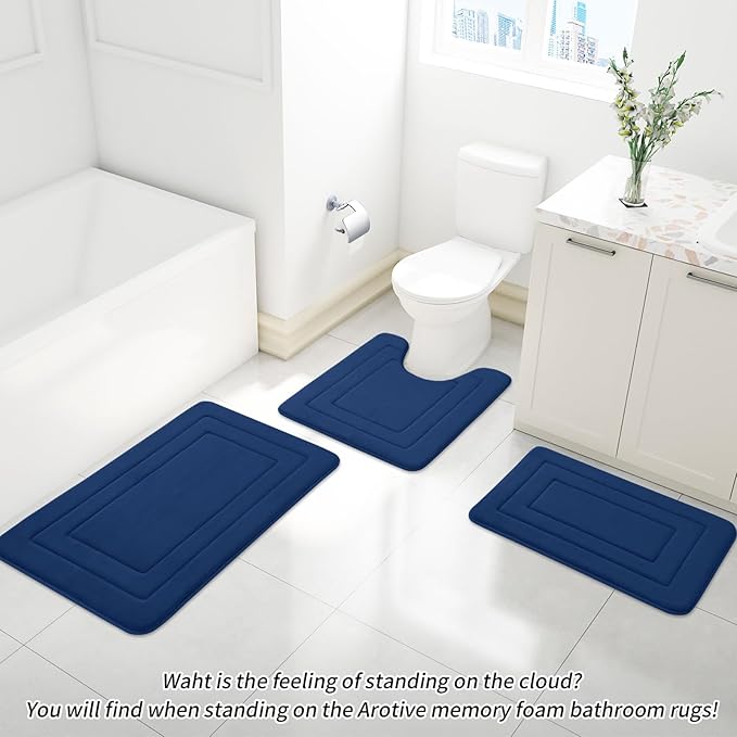 Arotive Memory Foam U-Shaped Toilet Rugs 24" x 20", Super Soft Absorbent Contoured Bathroom Rugs, Machine Washable Contour Bath Mats for Bathroom Toilet Base, Navy