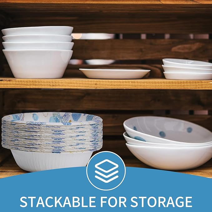 30 Pack Paper Bowls, 16 Oz Disposable Soup Bowl, Heavy Duty Printed Disposable Bowls Bulk For Snacks, Dessert, Breakfast, Lunch And Dinner Meals (Blue)