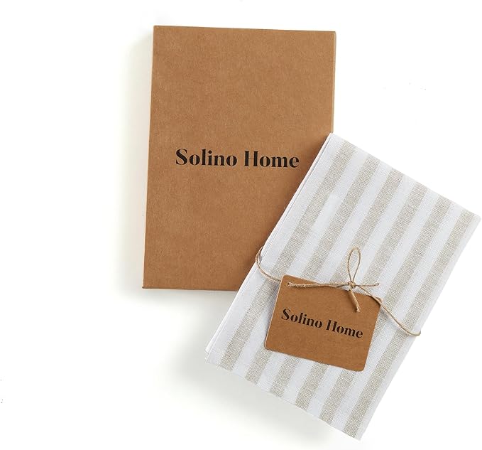 Solino Home Natural and White Linen Kitchen Towels Set of 2-100% Pure Linen 17 x 26 Inch Amalfi Stripe Tea Towels with Hanging Loop - European Flax Kitchen Dish Cloth - Quick Dry & Machine Washable
