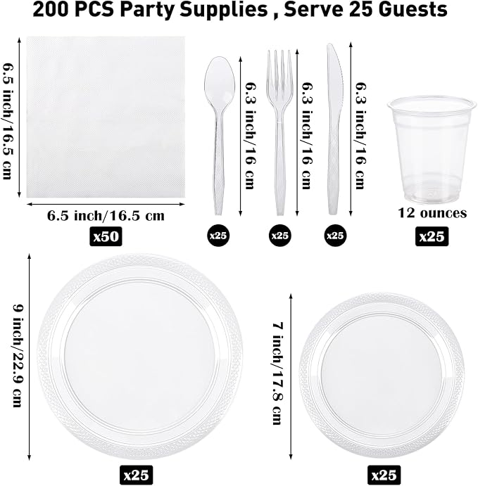 Aodaer 200 Pieces Clear Party Supplies Disposable Dinnerware Set Include Plastic Plates Cups Knives Forks Spoons Paper Napkins for Birthday Wedding Graduation Parties, Serve 25 Guests