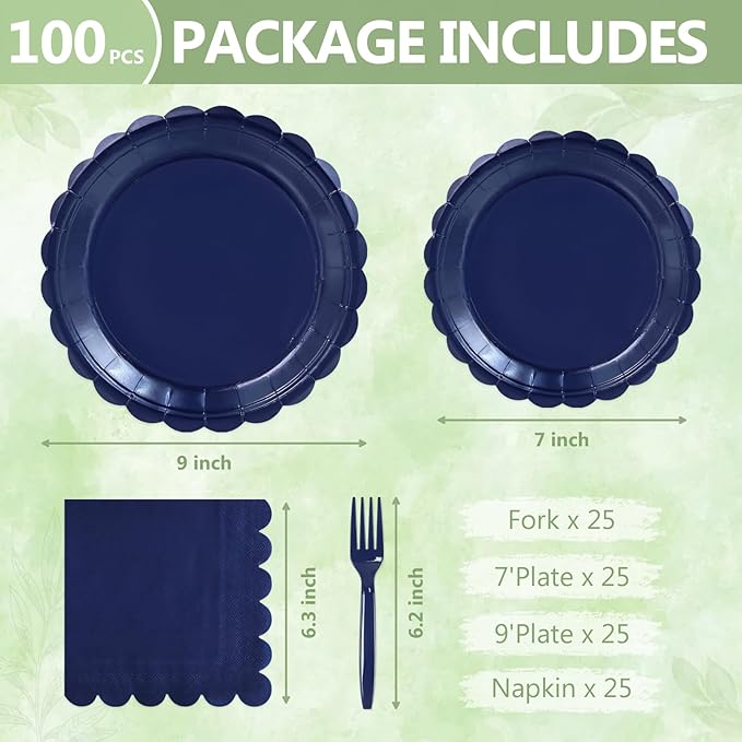 Mulbozy 100 Navy Blue Plates and Napkins Disposable Set Includes 25-9" & 25-7" Dessert Cake Scalloped Plates, Cocktail Napkins, Forks for for Holiday Party Supplies