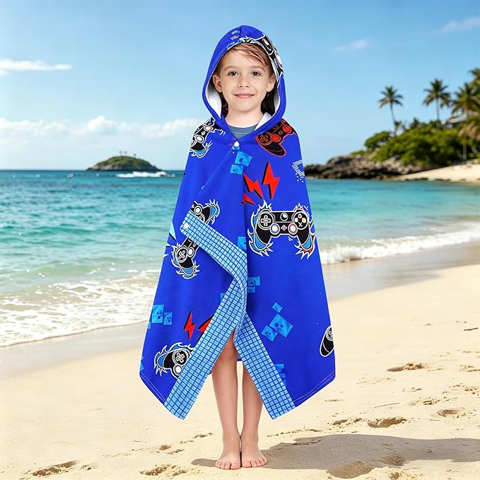 Hooded Towels for Kids - Superfine Fiber Video Gaming Gamepad Toddler Hood Bath Towels Beach Hooded Poncho Absorbent Pool Toddler Swim Bath Wrap for Boys & Girls 3-10 Years, 60 * 35 inches
