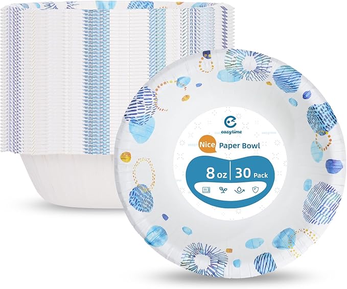 30 Pack Paper Bowls, 8 Oz Disposable Soup Bowl, Heavy Duty Printed Disposable Bowls Bulk For Snacks, Dessert, Breakfast, Lunch And Dinner Meals (Blue)
