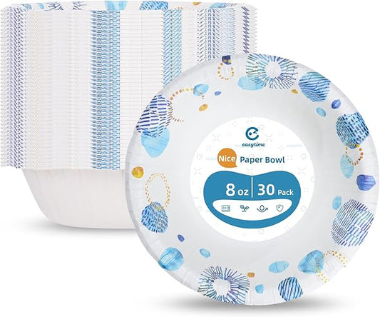 30 Pack Paper Bowls, 8 Oz Disposable Soup Bowl, Heavy Duty Printed Disposable Bowls Bulk For Snacks, Dessert, Breakfast, Lunch And Dinner Meals (Blue)