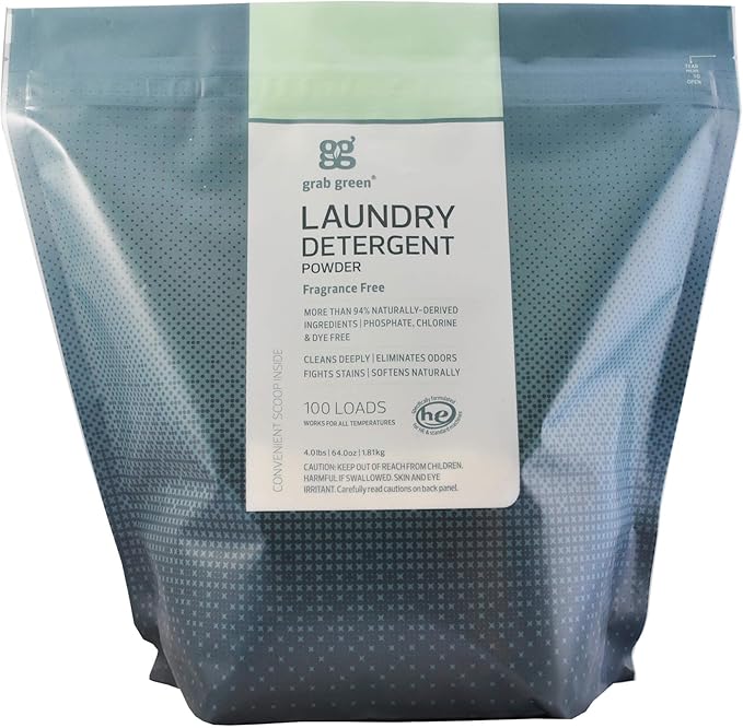 Grab Green 3-in-1 Laundry Detergent Powder, 4lbs -100 Loads, Fragrance Free, Plant and Mineral Based, Superior Cleaning Power, Stain Remover, Brightens Clothes, Packaging may vary
